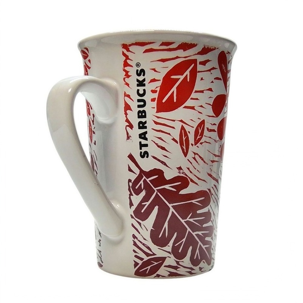 STARBUCKS COFFEE MUG AUTUMN LEAVES CERAMIC 11 OZ TALL RED WHITE EXCELLENT